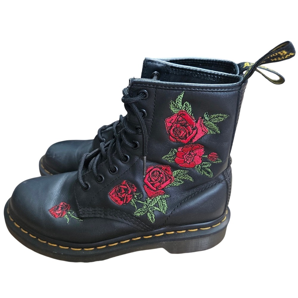 Dr. Martens 1460 Vonda Black Leather Rose Embroidered Boots Womens US 6 EU 37